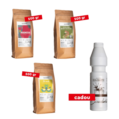 Pachet Cafea Indonesia, Sumatra, Santos Fancy + CADOU  Sirop Ciocolata