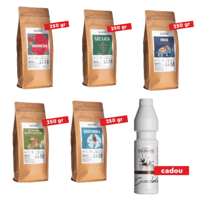 Pachet Cafea Indonesia, Mexico, India, Sumatra, Guatemala + CADOU Sirop Ciocolata
