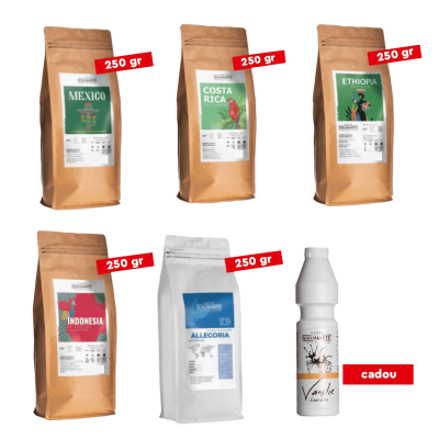 Pachet Cafea Mexico, Costarica, Dijmmah, Indonesia, Allegoria + CADOU Sirop Vanilie